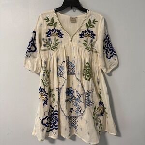 ZOLA Women's Cream Floral Bird Embroidered V-Neck Boho Mini Dress XL